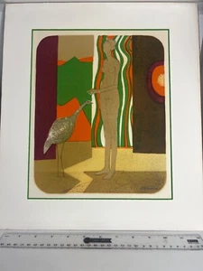 HTF Andre Minaux Lithograph 1972 Woman w Bird MCM Decor Signed Mourlot Abstract - Picture 1 of 17