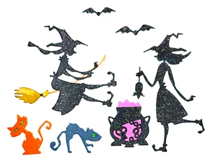 Halloween Witches Potion Cauldron Witch Flying Broom Bats Cats Metal Dies Thin - Picture 1 of 2