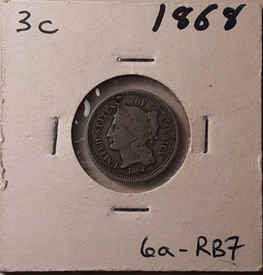 1868 Three Cent 3¢ Nickel L-I-B-E-R in headband Philadelphia Mint holed(#6a-RB6) - Image 1 of 4
