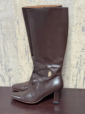 Salvatore Ferragamo Brown Leather Knee High Boots Logo Buckle Size 7 1/2 B - Image 1 of 4