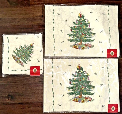 NEW IN PACKAGES: SPODE Christmas Tree Fabric 8 Piece Placemat Set w/ 4 Napkins - Image 1 of 4