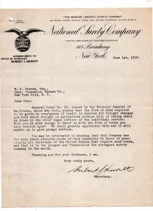Hubert J. Hewitt SIGNED 1918 letter by Secretary of the National Surety Company - Picture 1 of 4