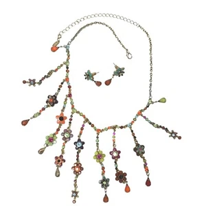 VCLM Damen Vintage Emaille Blumen Fransen Halskette Ohrringe Set Boho Festival Kunst - Bild 1 von 9