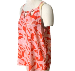 AUW Floral Sleeveless Tank Top Cutout Neck Sz L Orange & Pink Tropical #129M - Bild 1 von 9