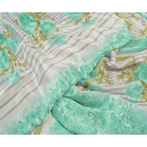 Sanskriti Vintage Green Sarees Moss Crepe Floral Printed Craft Fabric Sari - Picture 1 of 9