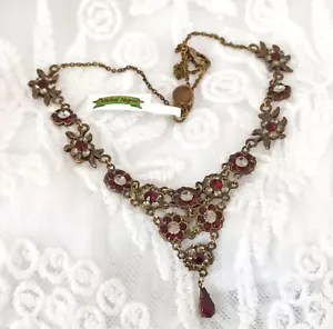 Michal Negrin Chainmail Y-Drop Necklace Red Clear Floral With Swarovski Crystals - Picture 1 of 18