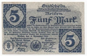 GERMANY MEISSEN 5 MARK 1918 EMERGENCY MONEY NOTGELD AUNC - Picture 1 of 2