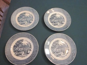 SET 4 Currier And Ives Blue And White HARVEST BREAD BUTTER 6 1/2” Plates - Picture 1 of 5