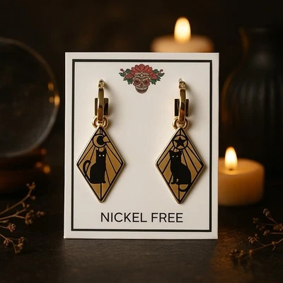 Brincos de estrela da lua de gato preto dourado – Presente de Halloween bruxa gótica sem níquel - Imagem 1 de 4