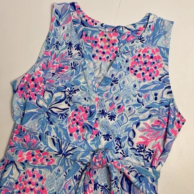 Lilly Pulitzer Large Naila Midi Dress Blue Pink White Sleeveless Designer Sash - Image 1 of 4