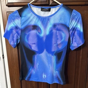 White Fox black And Blue crop top mesh overlay Size Small Graphic Short Sleeve - Picture 1 of 3