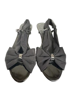 Etienne Aigner Size 6M E-Olinda Black Slingback Bow Open Toe Sandal Wedge Shoes - Picture 1 of 7