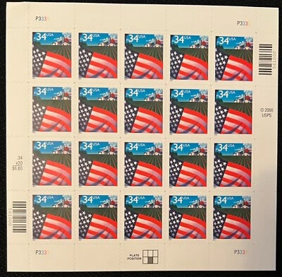 USPS-Scott #3449-"AMERICAN FLAG OVER FARM"-Full Sheet of 20 STAMPS-(34 Cent)-MNH - Image 1 of 3