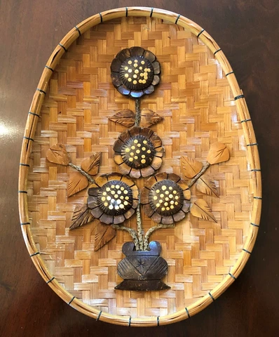 Vintage Wicker and Wood Flowers Folk Art Hanging Basket Cover