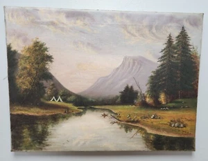 Antique 19th Century American Landscape Paintings With Figures Oil on Canvas - Picture 1 of 8