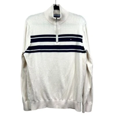 Tommy Hilfiger Men Quarter Zip Knit Sweater Striped Mock Neck Cream Navy Sz XL - Image 1 of 4