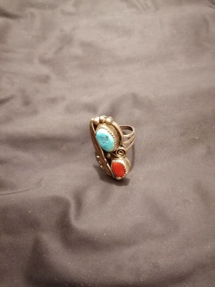 anello in argento corallo e turchese - Immagine 1 di 1