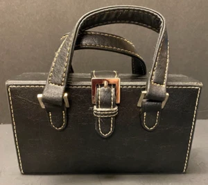 Retro kleine schwarze Pillendose/Lippenstift Handtasche mit Spiegel und gerilltem Innenfutter - Bild 1 von 4