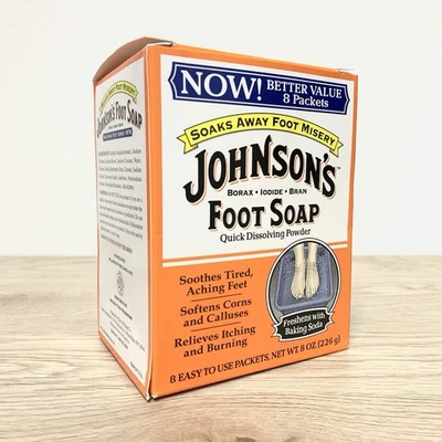 Johnsons Jabón en Polvo para Pies Remojo 1 Caja, 8 Paquetes Alivia Pies Doloridos Cansados Foto 1 de 4