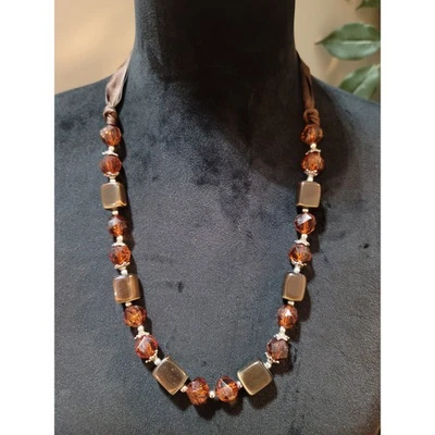 Women's Brown Ribbon Tie Beaded Necklace With Amber Crystal And Square Beads - Image 1 of 4
