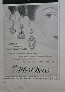 1956 Albert Weiss Angle Dangle Clip earrings  jewelry vintage ad - Picture 1 of 1