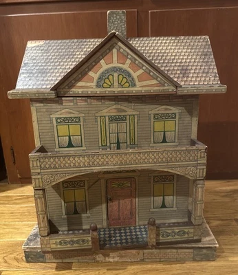 ANTIQUE EXTRA LARGE PAPER LITHO WOODEN VICTORIAN DOLL HOUSE - Image 1 of 4