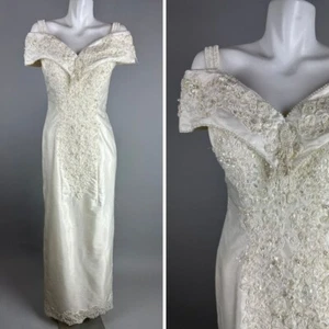 Vtg 90s Mori Lee White Beaded Sheath Wedding Dress Size 8 Off Shoulder Bow Glam - Picture 1 of 8
