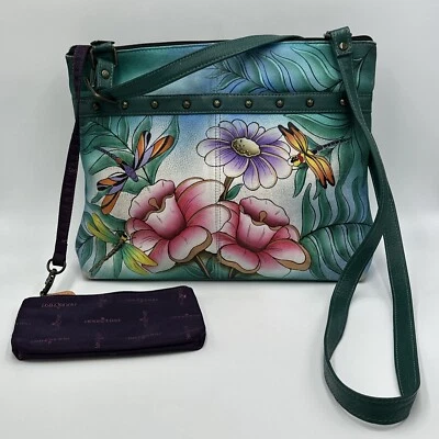 Cartera Bandolera Retro Anuschka Verde con Flores Libélulas Foto 1 de 4