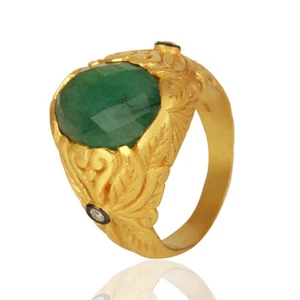 22K Matte Yellow Gold Emerald And Cubic Zirconia Leaf Engraved Ring Jewelry - Picture 1 of 8