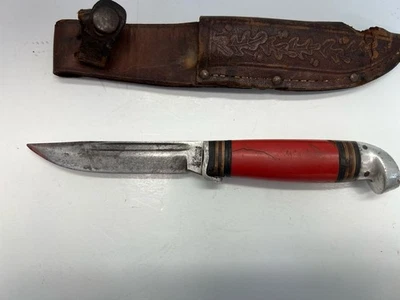 VINTAGE HUNTING KNIFE JC HIGGINS by WESTEN, RED HANDLE, SHEATH - Image 1 of 4