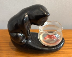 Vintage Royal Haeger Pottery 8" Ceramic Black Cat with Fish Bowl Figurine - Picture 1 of 5