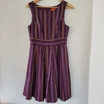 MODCLOTH Sz M Purple Sleeveless Striped Pleated Fit & Flare Dress Pockets Lined - Image 1 of 4