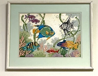 Fabulous Vintage Ocean TROPICAL FISH Completed 1988 Needlepoint Aqua/Green FRAME - Image 1 of 4