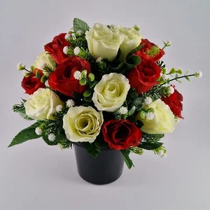 Artificial Silk Flower Arrangement Red And Ivory Crinkle Rose Bud Mix Memorial - Picture 1 of 3
