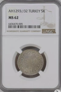 TURKEY - OTTOMAN , 5 KURUSH ABDUL HAMID II 1293/32 AH NGC MS 62 , RAREF - Picture 1 of 2