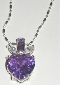 Heart pendant, sterling silver, lavender and clear cubics, w chain. 70s vintage. - Bild 1 von 3
