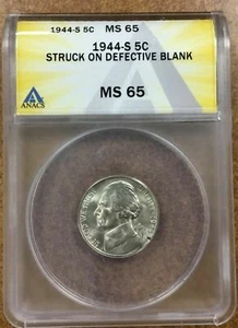 1944-S NICKEL ERROR STRUCK on Defective Planchet-Die Break REV! ANACS MS65-d8205 - Picture 1 of 7