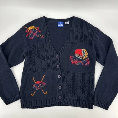 Cárdigan de golf EP Pro vintage para mujer M azul marino algodón escocés tartán apliques a cuadros Foto 1 de 4