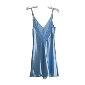 Babydoll Dress Small Slip Satin Lace Sleeveless Baby Blue Nightgown Chemise S - Picture 1 of 8
