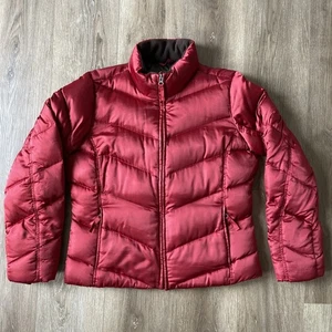 Eddie Bauer Jacket Sz M Red Quilted Goose Down Puffer Fleece Cuffs Short Shinny - Picture 1 of 21