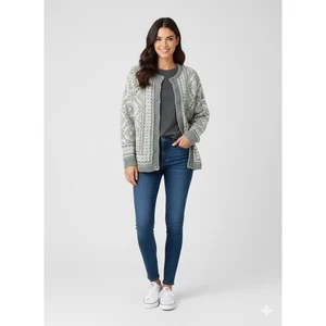 Cardigan maglione lana norvegese Fair Isle vintage maglia con bottoni grigio taglia L? - Foto 1 di 8