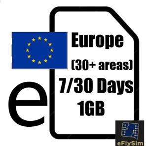 Europe eSIM 1GB for 7/30 Days - Travel digital eSIM EU 30+ countries - Picture 1 of 1