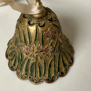 Dekorative Metallglocke Emaille bemalt floral gold und grün - Bild 1 von 5