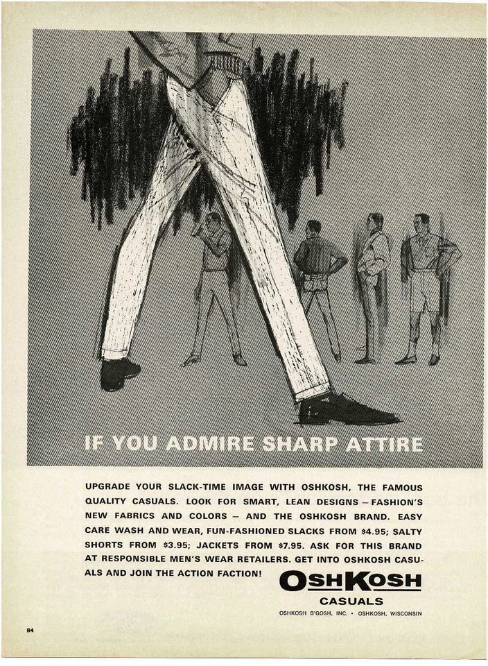 1963 年 OSHKOSH Casuals 男式休闲裤艺术插图复古印刷广告 — 第 1/1 张图片