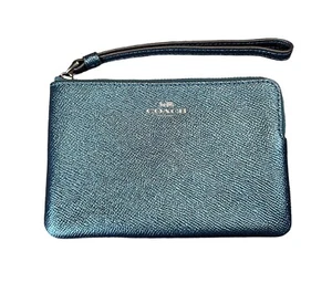 NWOT Coach Metallic Blue Leather Wristlet Pouch 6.25" x 4" - Picture 1 of 4
