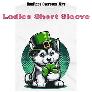 Alaskan Malamute Puppy Dog Irish Leprechaun DigiPups Cartoon Ladies T Shirt - Picture 1 of 4