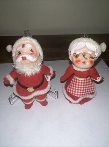 Vtg. Mid Century Mr. Mrs. Santa Claus Skating Flocked ChristmasTree Ornaments - Picture 1 of 11