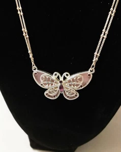 Beautiful Butterfly Necklace Silver Tone Purple Rhinestones - Picture 1 of 5