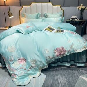 Luxury embroidered bedding set 4pcs quilt cover flat sheet/bed skirt pillowcases