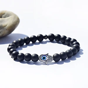Fashion Blue Hamsa Hand of Fatima Black Lava Stone Beads Man Lucky Bracelets - Picture 1 of 8